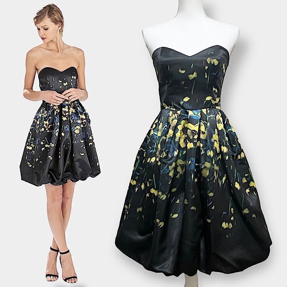 Parker Remi Black & Yellow Floral Satin Strapless Fit N Flare Cocktail Dress 2